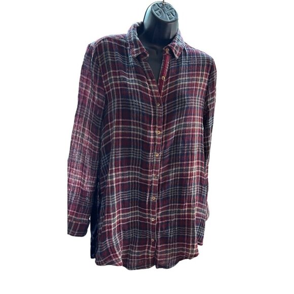 Johnny Was Workshop Navy & Wine Plaid Velvet-Back Button Down Shirt, Size XS - Picture 2 of 5